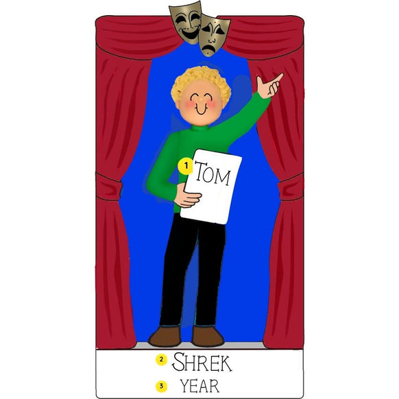 Ornament of a child holding a playbill inside theater curtains, can be personalized. 
