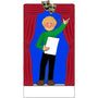 Ornament of a child holding a playbill inside theater curtains, can be personalized. 
