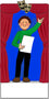 Ornament of a person holding a script with theater curtains and a mask in the background