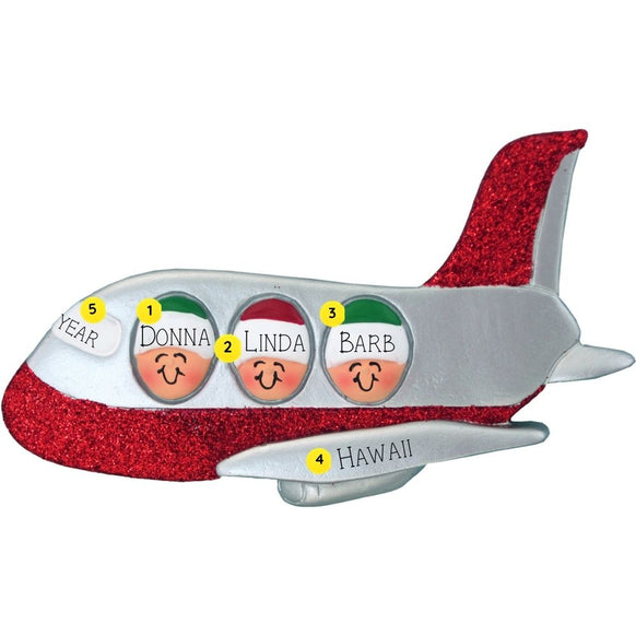 Decorative airplane ornament with names and year on a white background