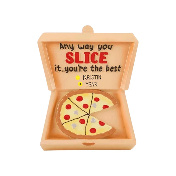 Personalized pizza ornament with a name and year added inside the pizza box below the printed message.