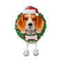 Personalized Beagle ornament with Santa hat, Christmas wreath, and blank bone-shaped name plaque