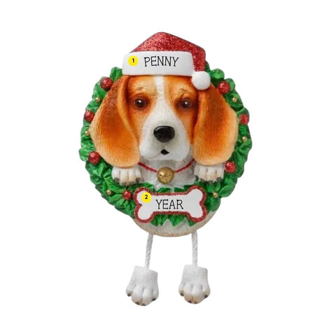 Personalized Beagle ornament example with name on Santa hat and year on bone-shaped plaque