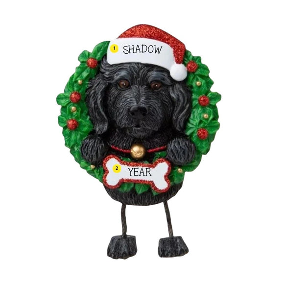 Personalized Black Labradoodle ornament example with name on Santa hat and year on bone-shaped plaque