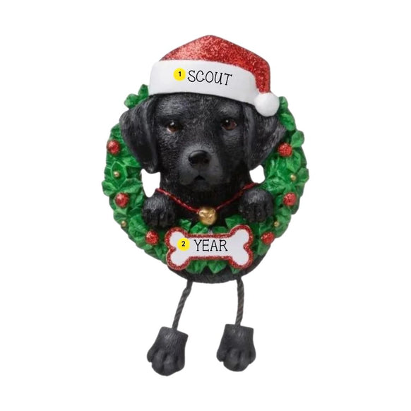 Personalized Black Lab ornament example with name on Santa hat and year on bone-shaped plaque