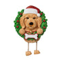 Personalized Brown Labradoodle ornament with Santa hat, Christmas wreath, and blank bone-shaped name plaque