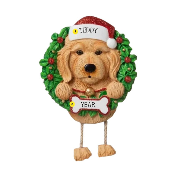 Personalized Brown Labradoodle ornament example with name on Santa hat and year on bone-shaped plaque