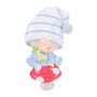 Baby boy gnome ornament in blue pajamas and a striped hat, sitting on a red mushroom while holding a caterpillar.