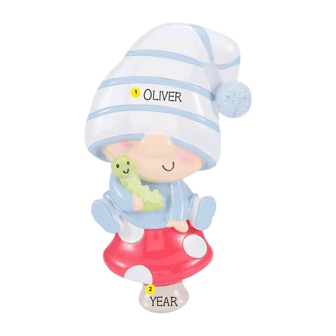 Personalized baby boy gnome on mushroom ornament with a name on the hat and space for a year on the mushroom stem.