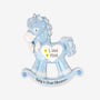 Personalized baby boy’s first Christmas blue rocking horse ornament with a name and year added to the white heart on the side.