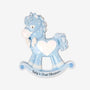 Baby boy’s first Christmas blue rocking horse ornament with white polka dots, a bow, a white heart, and printed text on the rocker.