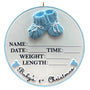 Decorative ornament with blue baby booties for 'Baby's 1st Christmas' on a white background