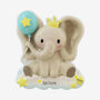 Personalized baby elephant ornament with a yellow crown, blue star balloon, cloud base, yellow stars, and name and year personalization.