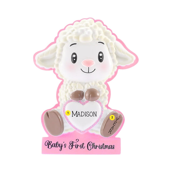 Personalized baby’s first Christmas lamb ornament in pink with a name on the heart and year on the lamb’s foot.