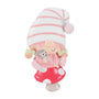 Baby girl gnome ornament in pink pajamas and a striped hat, sitting on a red mushroom while holding a small gray hedgehog.