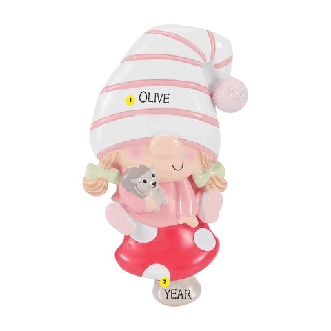 Personalized baby girl gnome on mushroom ornament with a name on the hat and space for a year on the mushroom stem.