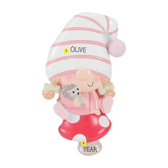 Personalized baby girl gnome on mushroom ornament with a name on the hat and space for a year on the mushroom stem.