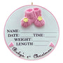 Decorative ornament with pink baby booties and text fields for baby's details on a white background