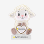 Personalized baby godchild lamb ornament with a name on the heart, with an example of “Sweet Godchild” on the base, and year on the lamb’s foot.