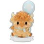 Blue baby Highland cow ornament with a pacifier, rattle, balloon, and white banner.