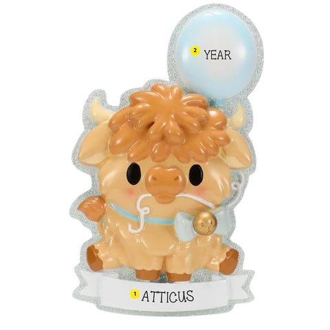 Personalized blue baby Highland cow ornament with a name on the banner and space for a year on the balloon.