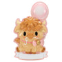 Pink baby Highland cow ornament with a pacifier, rattle, balloon, and white banner.