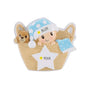Personalized baby in a basket ornament with a name on the hat and space for a year on the white star.