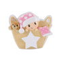 Baby in a basket ornament with pink star pajamas, matching pink blanket, teddy bear, and white star on the front.