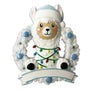 Personalized baby llama ornament with blue Santa hat, white glitter wreath, colorful Christmas lights, and blank banner