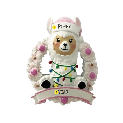 Baby llama ornament personalizing example with name on pink Santa hat and year on front banner
