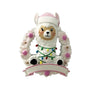 Personalized baby llama ornament with pink Santa hat, white glitter wreath, colorful Christmas lights, and blank banner