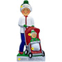 Decorative ornament of a person pushing a stroller with a child inside, on a white background.