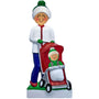 Decorative ornament of a person pushing a stroller with a child inside, both wearing winter hats and coats.