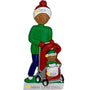 Decorative personalized ornament of a person pushing a stroller with a child inside, on a white background. 