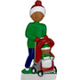 Decorative ornament of a person pushing a stroller with a child inside, on a white background. 