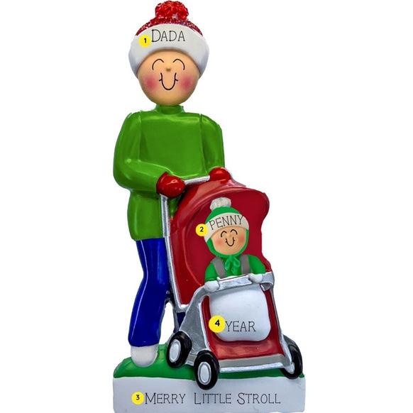 Decorative personalized ornament of a person pushing a stroller with a child inside, on a white background. 