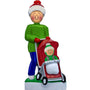 Decorative ornament of a person pushing a stroller with a child inside, on a white background. 