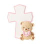 Baby pink cross ornament with a plush teddy bear, pink glitter trim, and a pink bow.