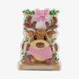Baby reindeer on swing ornament with pink bow, pink scarf, greenery, and a blank base for personalization.
