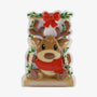 Baby reindeer on swing ornament with red bow, red scarf, greenery, and a blank base for personalization.