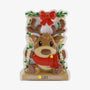 Personalized baby reindeer on swing ornament with name on the base and year placement on the red scarf.