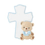 
Baby blue cross ornament with a plush teddy bear, blue glitter trim, and a blue bow.