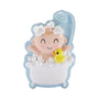 Personalized baby in bubble bath ornament with blue glitter border, yellow rubber duck, and blue shower head