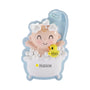 Personalized baby in bubble bath ornament with blue glitter border, personalized with an example name and year on the yellow rubber duck
