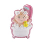 Personalized baby in bubble bath ornament with pink glitter border, yellow rubber duck, and pink shower head