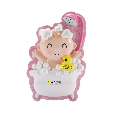 Personalized baby in bubble bath ornament with pink glitter border, personalized with Hazel and year on the yellow rubber duck