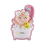 Personalized baby in bubble bath ornament with pink glitter border, personalized with Hazel and year on the yellow rubber duck