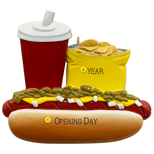 Hot dog with toppings, cup, and bag of chips on a white background