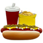 Hot dog with mustard, relish, and ketchup, accompanied by a drink and chips on a white background