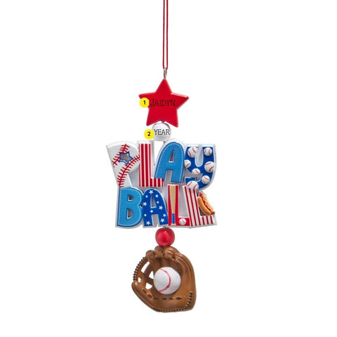 Personalized baseball Play Ball ornament with a name on the red star and a year on the white bead above the lettering.